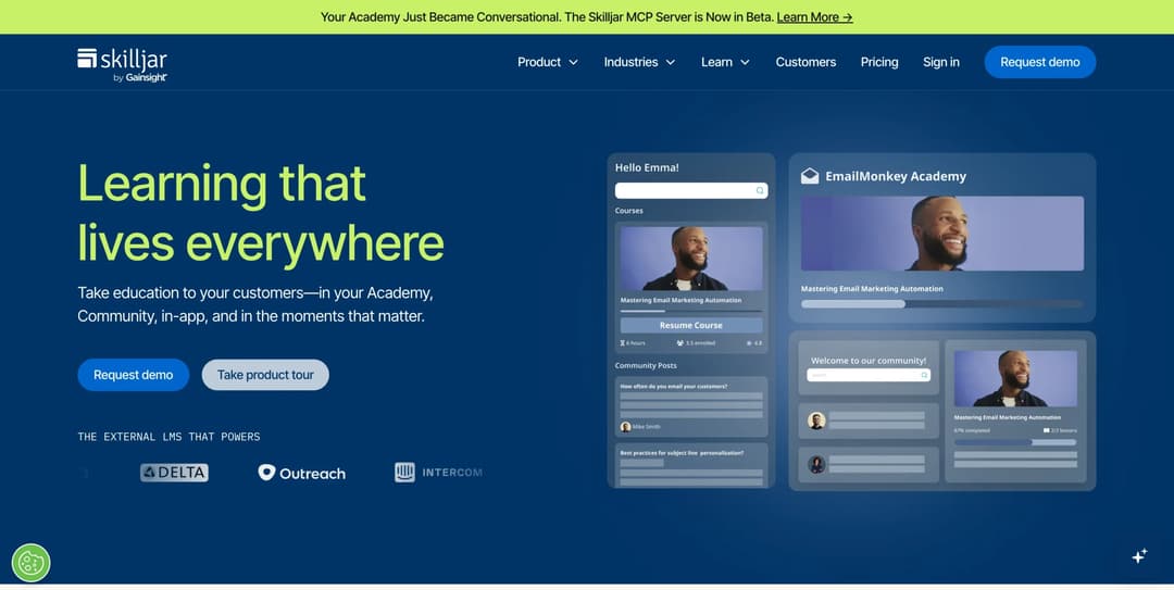 Skilljar homepage positioning LMS software for customer education and training