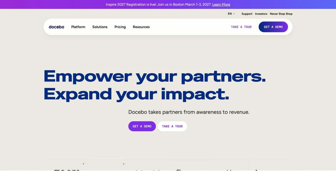 Docebo partner training page headed Empower your partners, Expand your impact