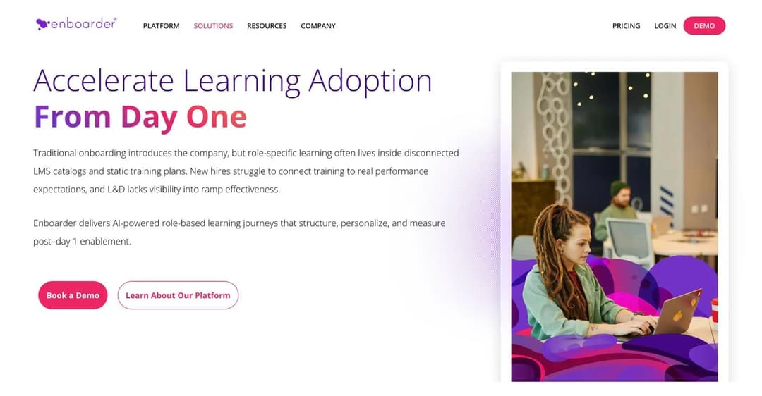 Enboarder's new hire learning page, headlined Accelerate Learning Adoption From Day One