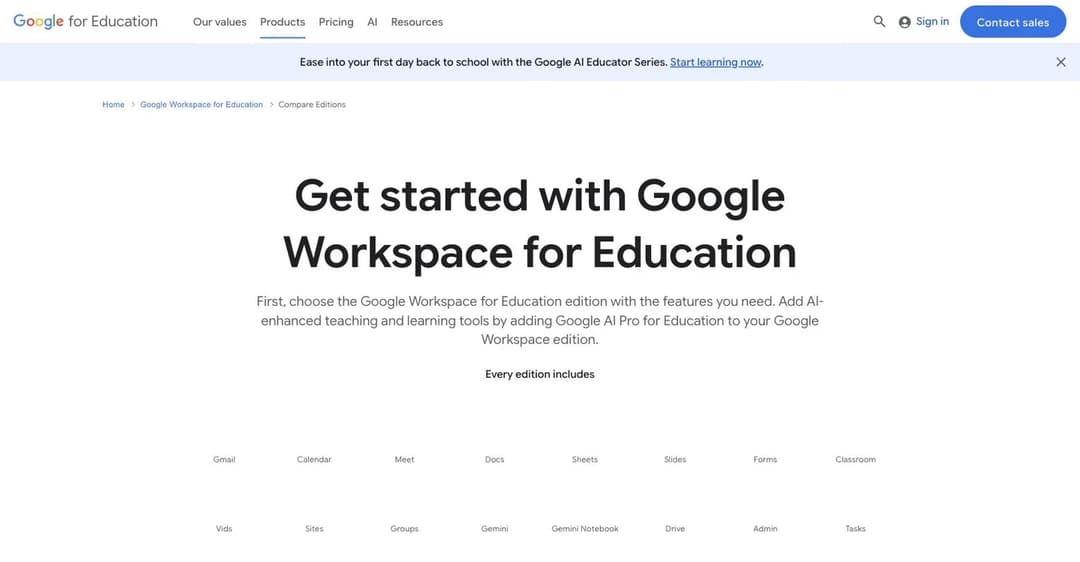 Google Workspace for Education compare editions page listing Classroom in every edition
