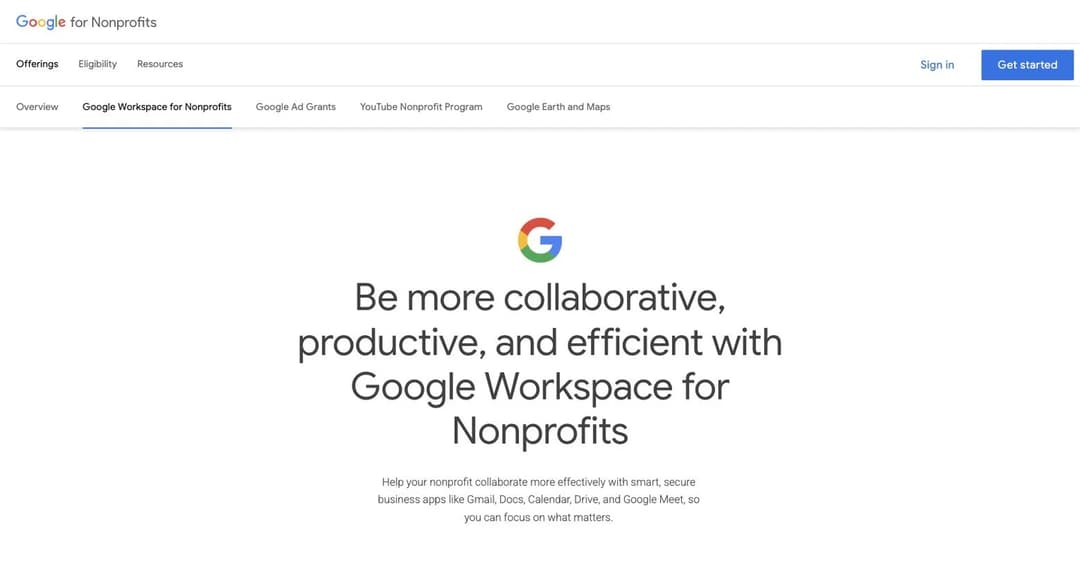 Google Workspace for Nonprofits offerings page