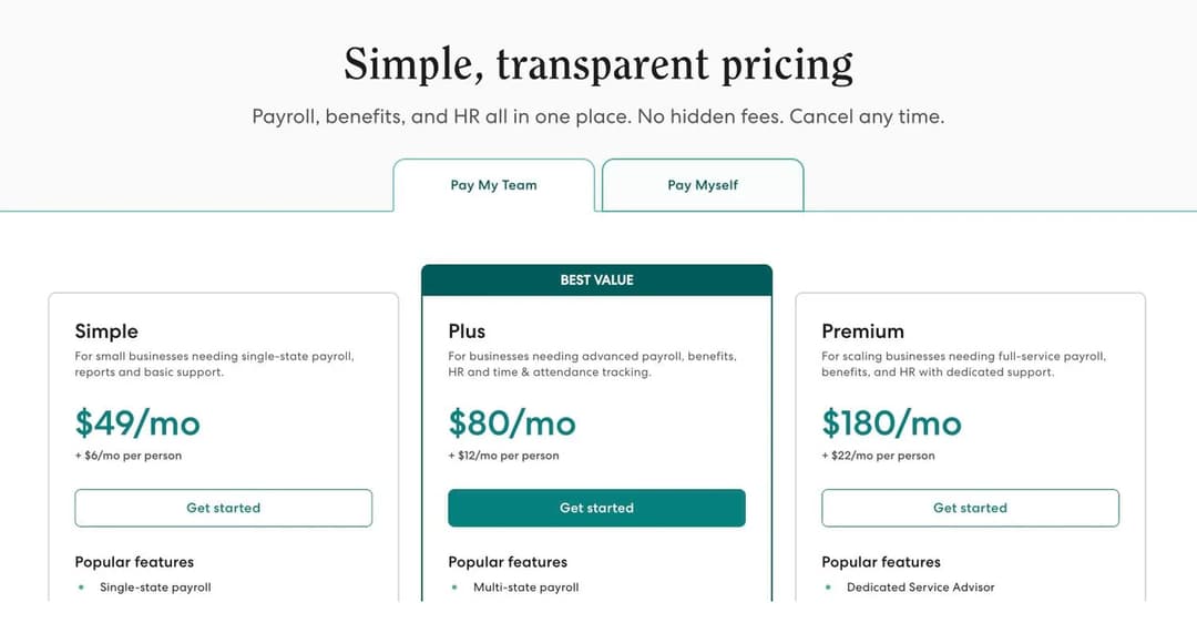 Gusto's pricing page showing Simple at forty-nine dollars, Plus at eighty and Premium at one hundred and eighty per month plus a per-person rate