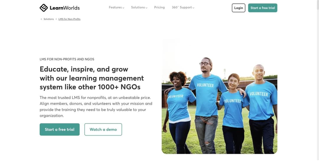 LearnWorlds LMS for non-profits and NGOs page featuring volunteers