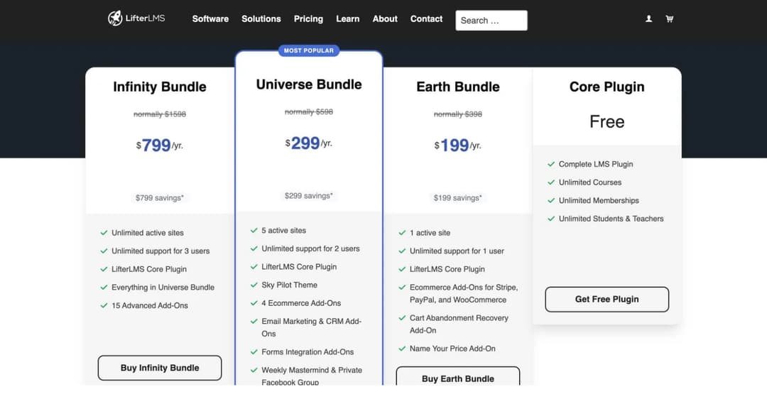LifterLMS pricing page with a free Core Plugin column beside three paid bundles