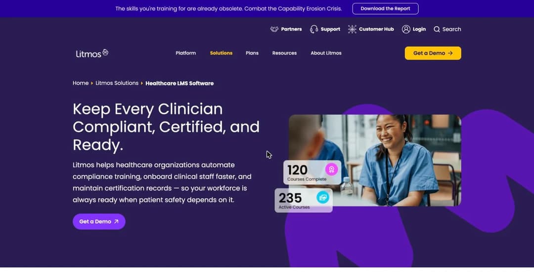 Litmos healthcare LMS software page for clinician compliance and certification