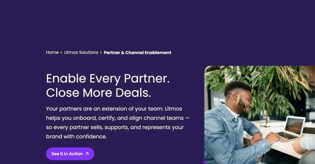 Litmos partner and channel enablement page headed Enable every partner, close more deals