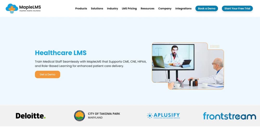 MapleLMS healthcare LMS page citing CME, CNE and HIPAA support