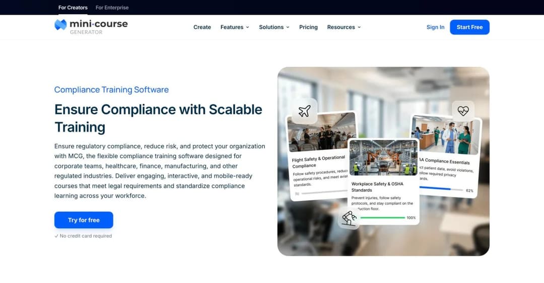 Mini Course Generator compliance training software page showing HIPAA and OSHA course examples