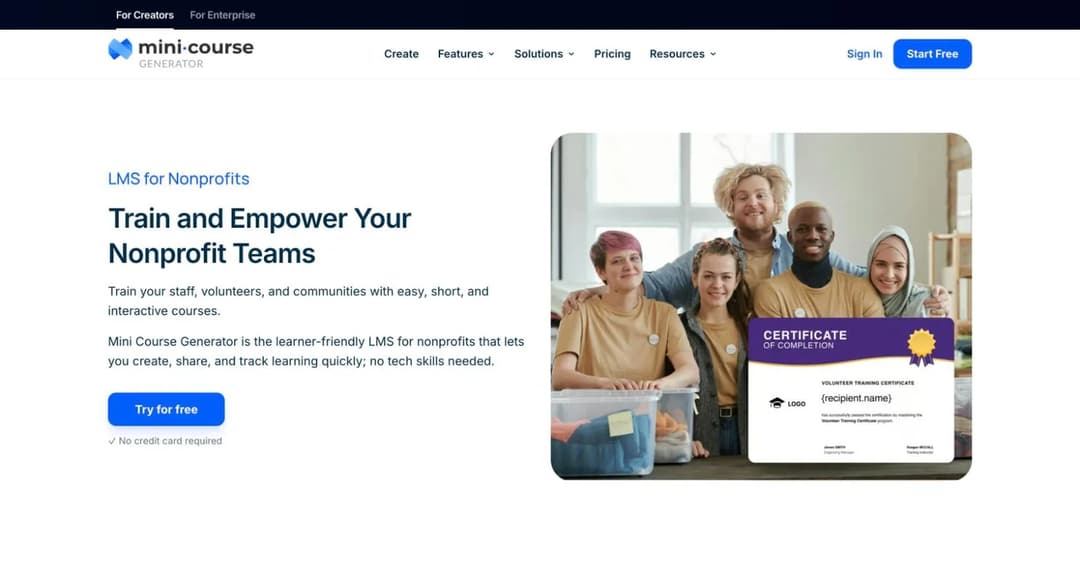 Mini Course Generator LMS for nonprofits page showing a volunteer training certificate