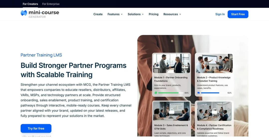 Mini Course Generator partner training LMS page showing four partner onboarding modules
