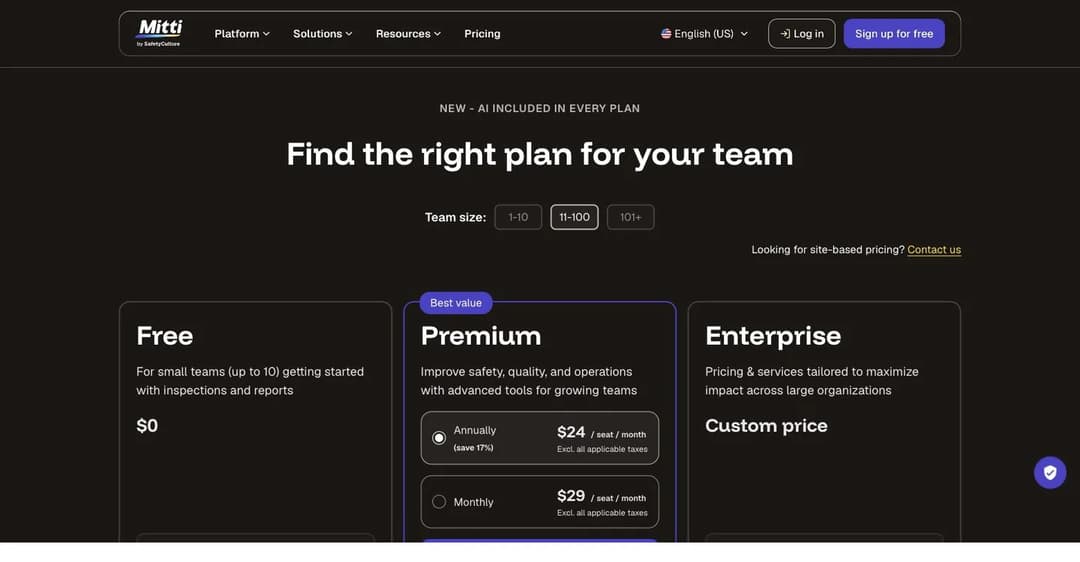 Mitti by SafetyCulture pricing page with a free plan for teams of up to 10