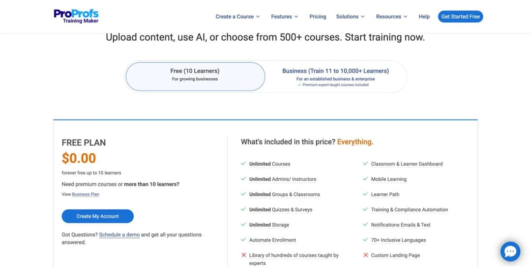 ProProfs Training Maker free plan card showing zero dollars forever free up to 10 learners