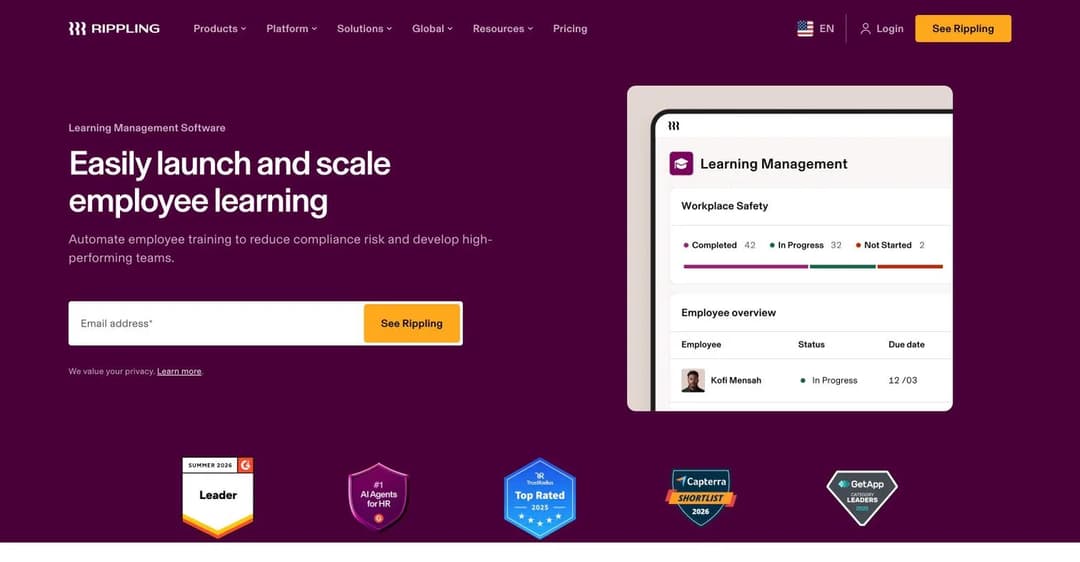 Rippling's Learning Management product page, listed separately from its HR platform