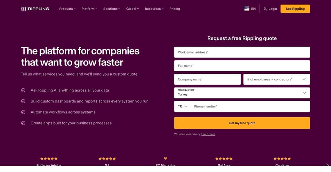 Rippling's pricing page, which is a quote request form containing no prices