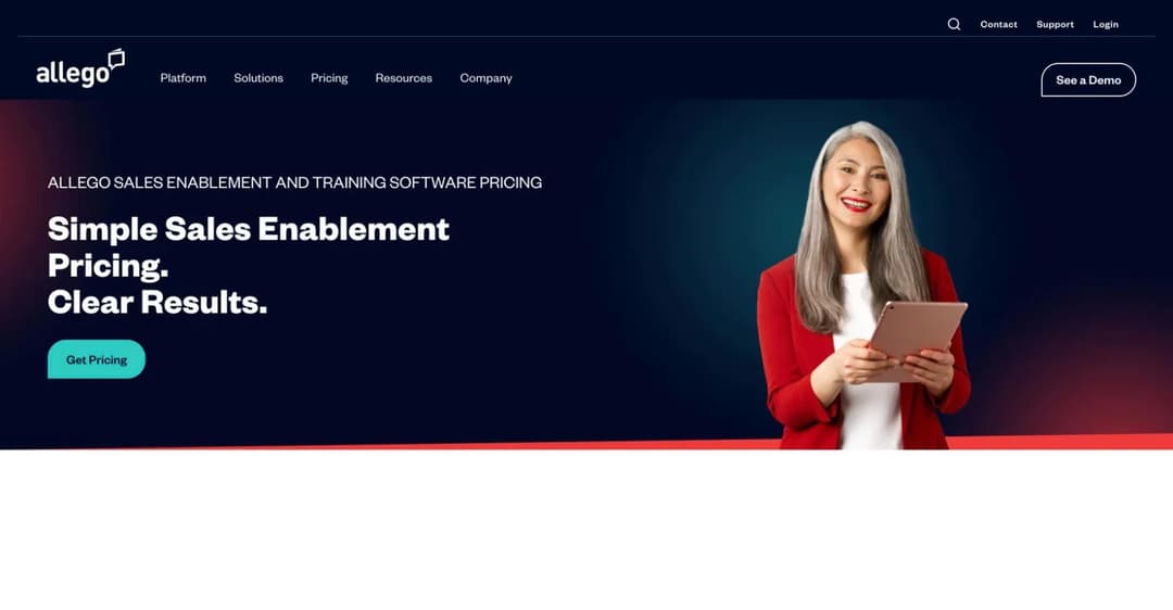Allego pricing page headlined Simple Sales Enablement Pricing with no prices shown, only a Get Pricing button