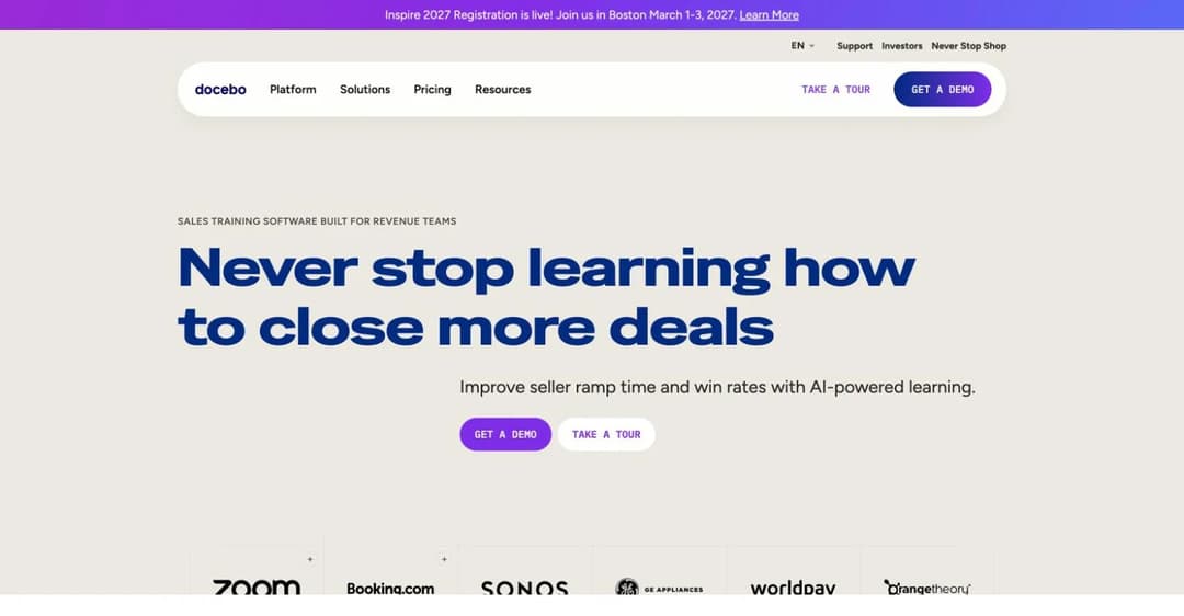 Docebo sales training solution page promising improved seller ramp time and win rates