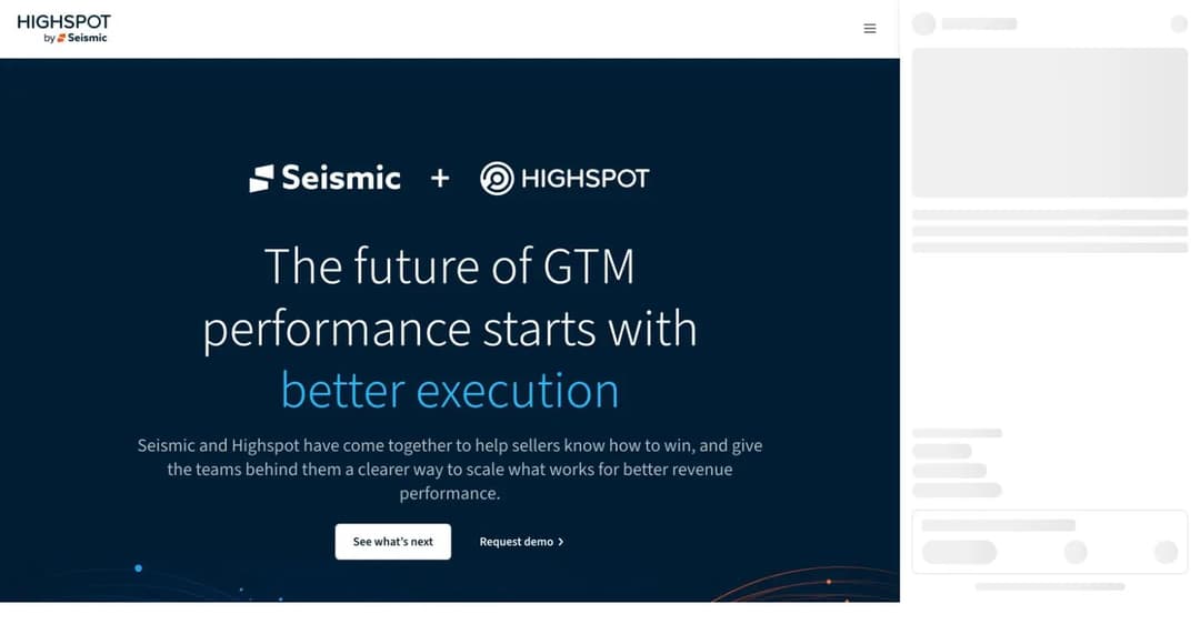 Highspot homepage now branded Highspot by Seismic after the two companies merged