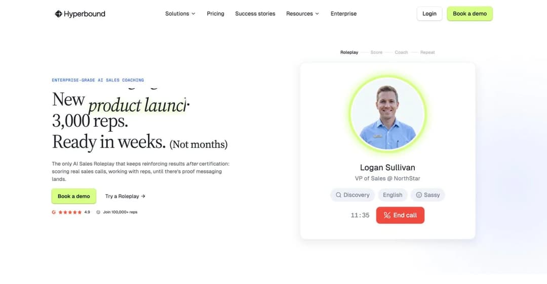 Hyperbound homepage showing an AI buyer roleplay session with a simulated VP of Sales
