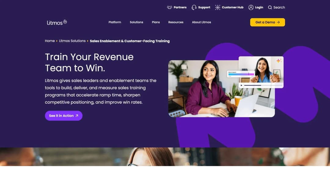 Litmos sales enablement training solution page headlined Train Your Revenue Team to Win
