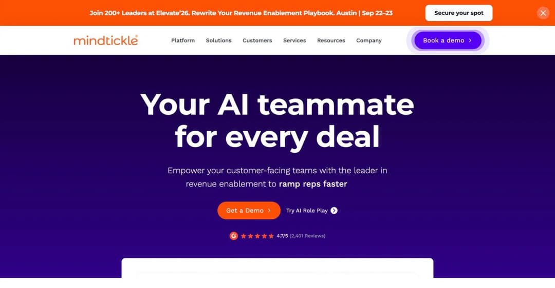Mindtickle homepage positioning the platform as an AI teammate for every deal