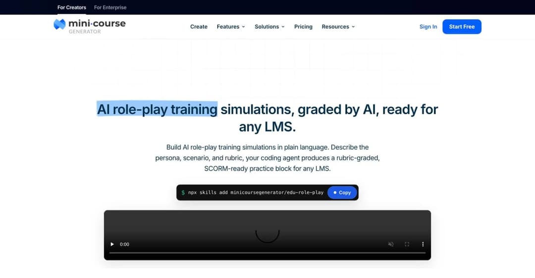 Mini Course Generator AI role-play page offering rubric-graded, SCORM-ready practice simulations for any LMS