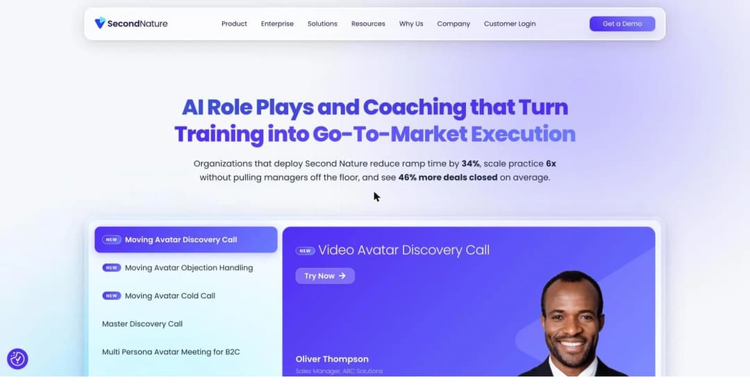 Second Nature AI homepage showing AI role plays and coaching for go-to-market teams