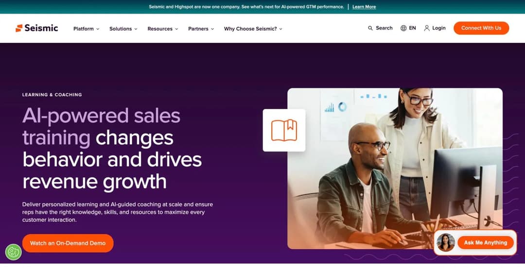 Seismic Learning and Coaching page with a banner stating Seismic and Highspot are now one company