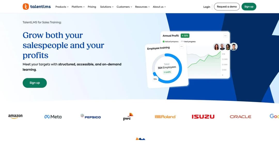 TalentLMS sales training solution page headlined Grow both your salespeople and your profits