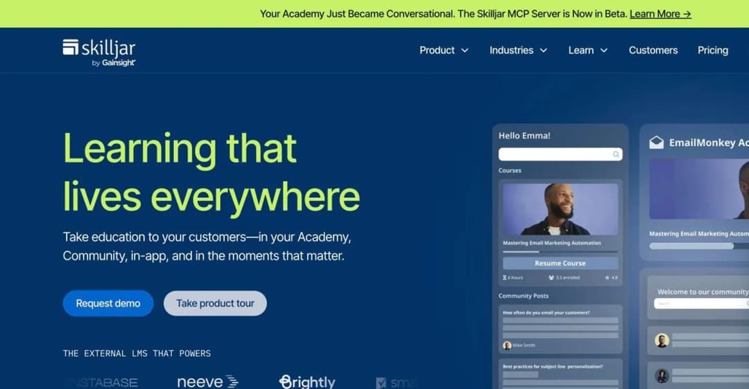 Skilljar by Gainsight homepage describing itself as the external LMS