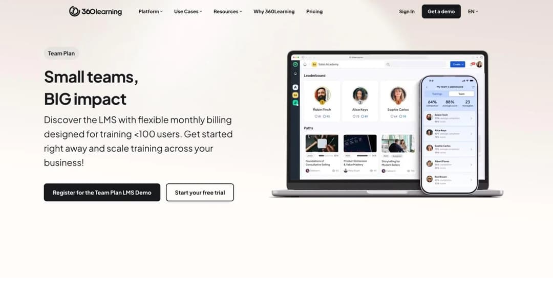 360Learning Team Plan page for training under 100 users with monthly billing