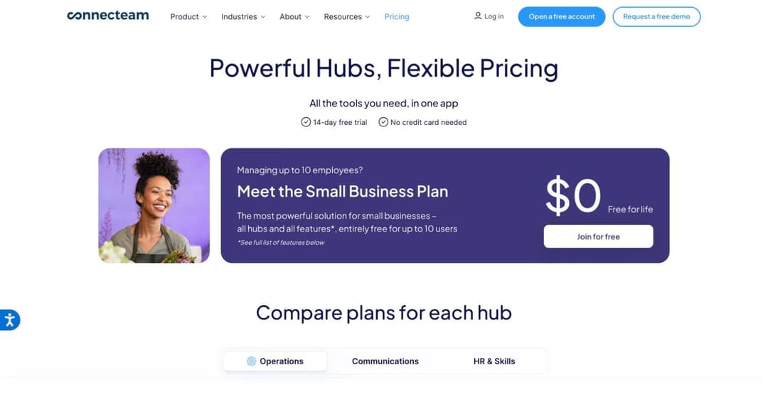 Connecteam pricing page showing a free-for-life Small Business Plan for up to 10 users