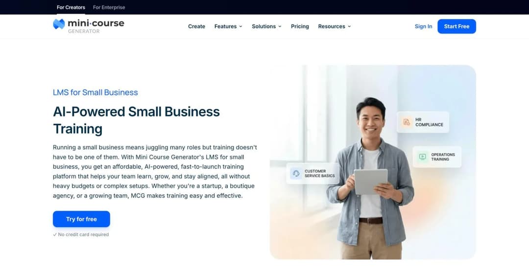 Mini Course Generator LMS for Small Business page with AI-powered small business training headline