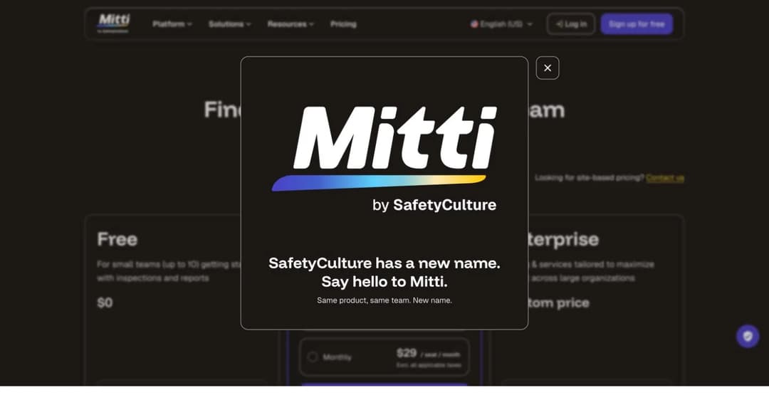 Mitti site modal announcing that SafetyCulture has changed its name to Mitti