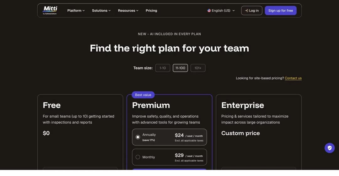 Mitti by SafetyCulture pricing showing a free plan up to 10 seats and Premium at 24 dollars per seat