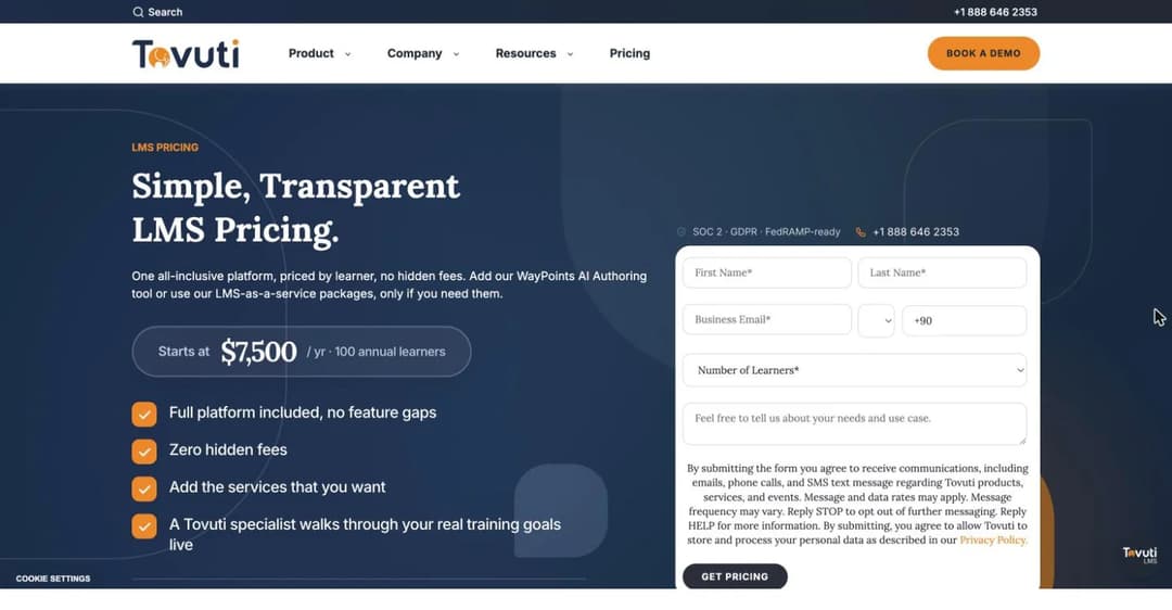 Tovuti LMS pricing page showing an all-inclusive platform starting at 7,500 dollars a year for 100 learners