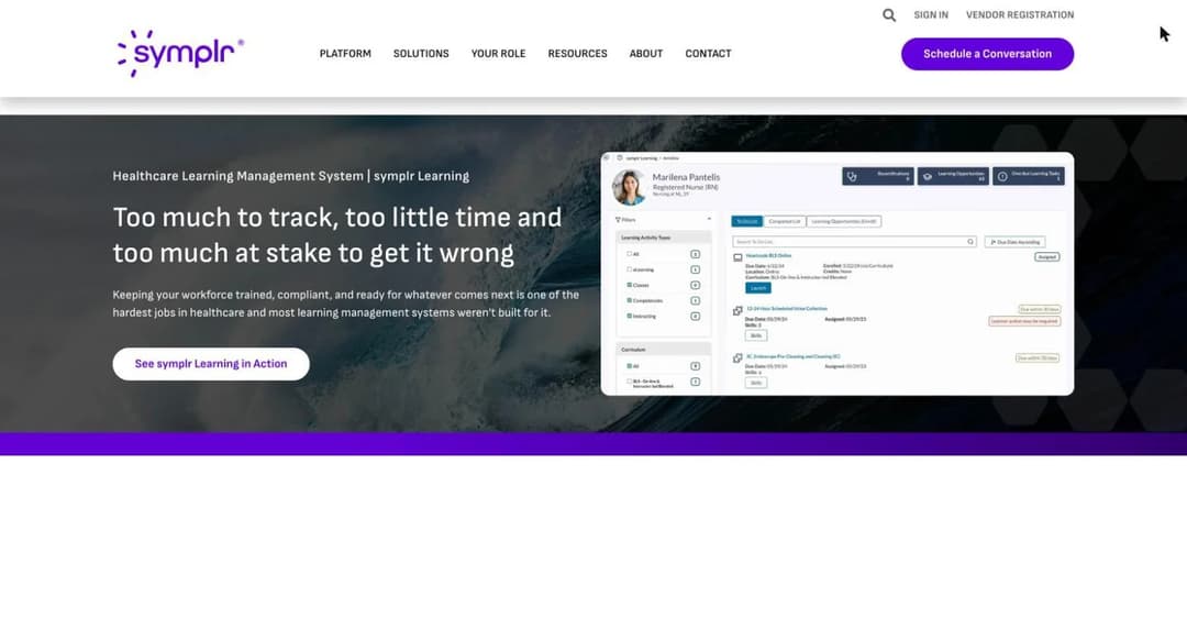 symplr Learning healthcare LMS product page showing a nurse learner dashboard
