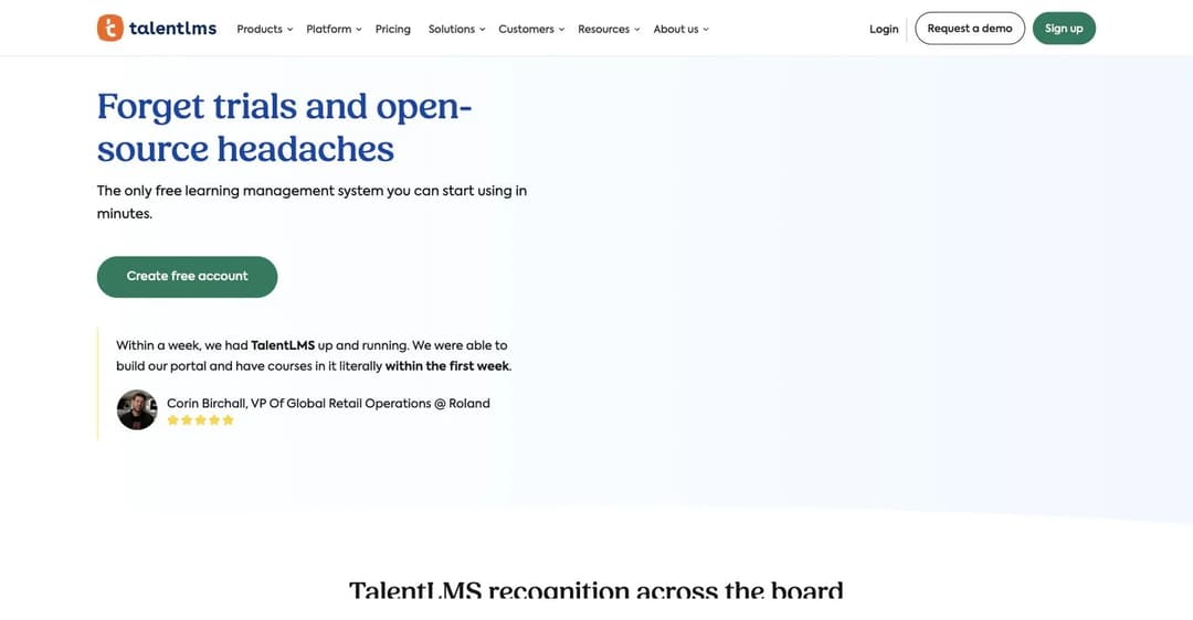 TalentLMS free LMS page promising no trials and no open-source headaches