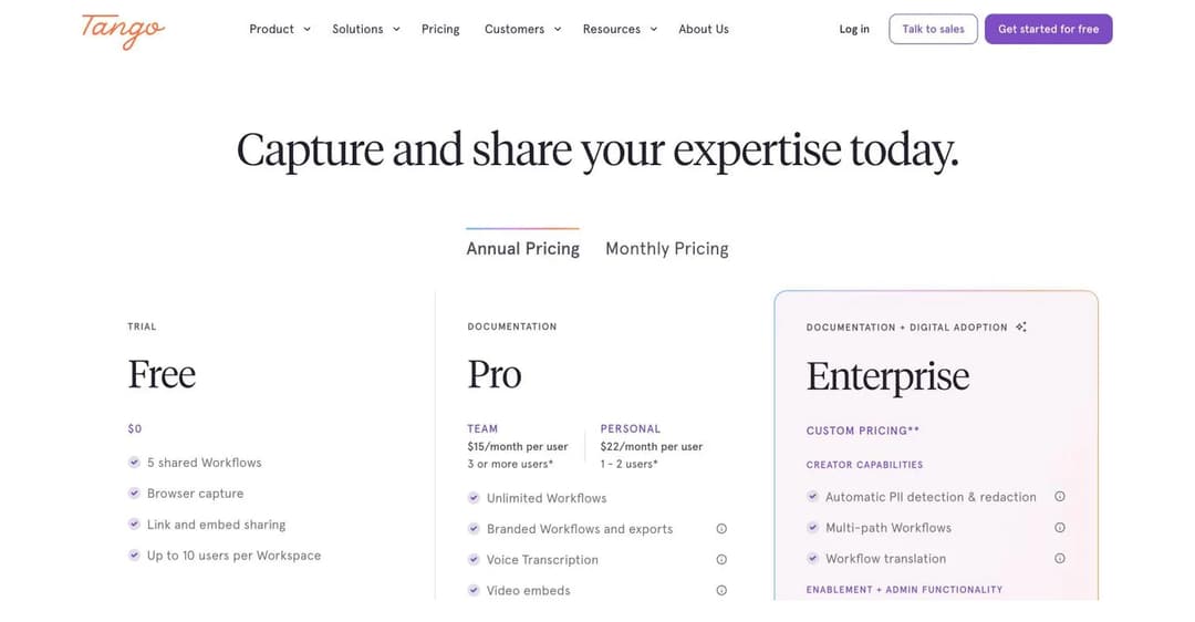 Tango's pricing page showing a free tier, Pro at fifteen dollars per user per month, and Enterprise