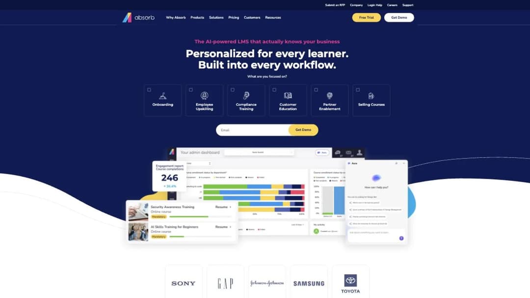 The Absorb LMS homepage, showing its AI-powered enterprise learning management system pitch