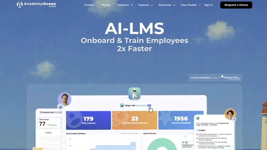 AcademyOcean homepage with the AI-LMS hero and an analytics dashboard preview