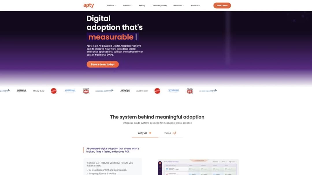Apty's homepage, pitching an AI-powered digital adoption platform for enterprise applications