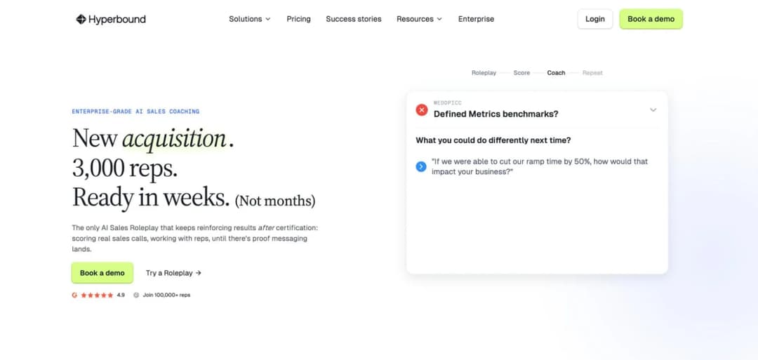 Hyperbound homepage showing its AI sales roleplay and coaching platform with a live scorecard panel