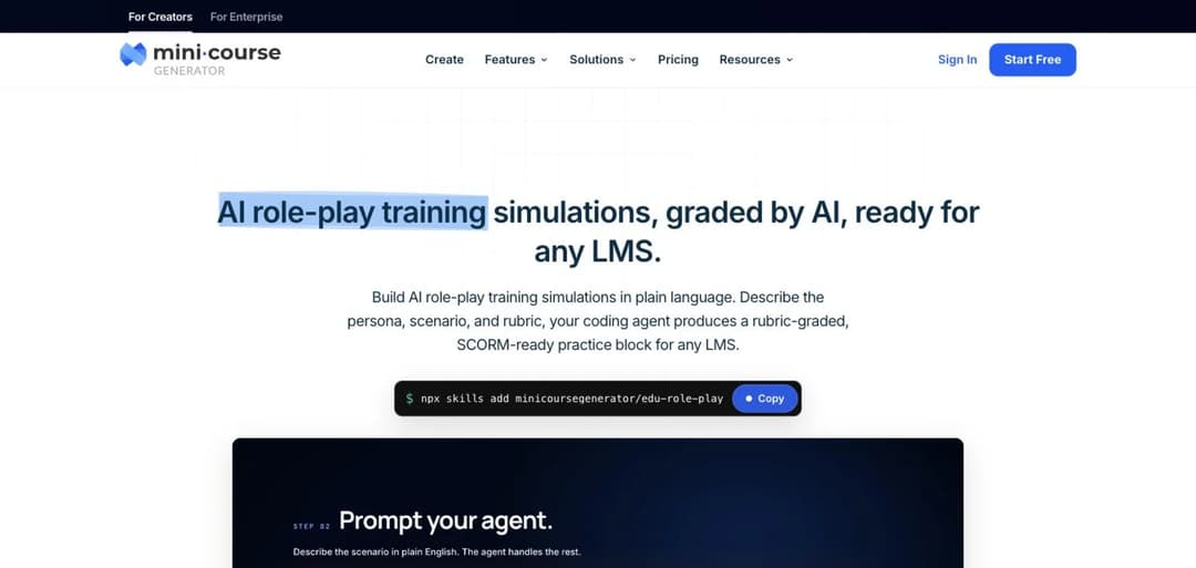 Mini Course Generator AI Role-play page showing rubric-graded simulations exported as SCORM for any LMS