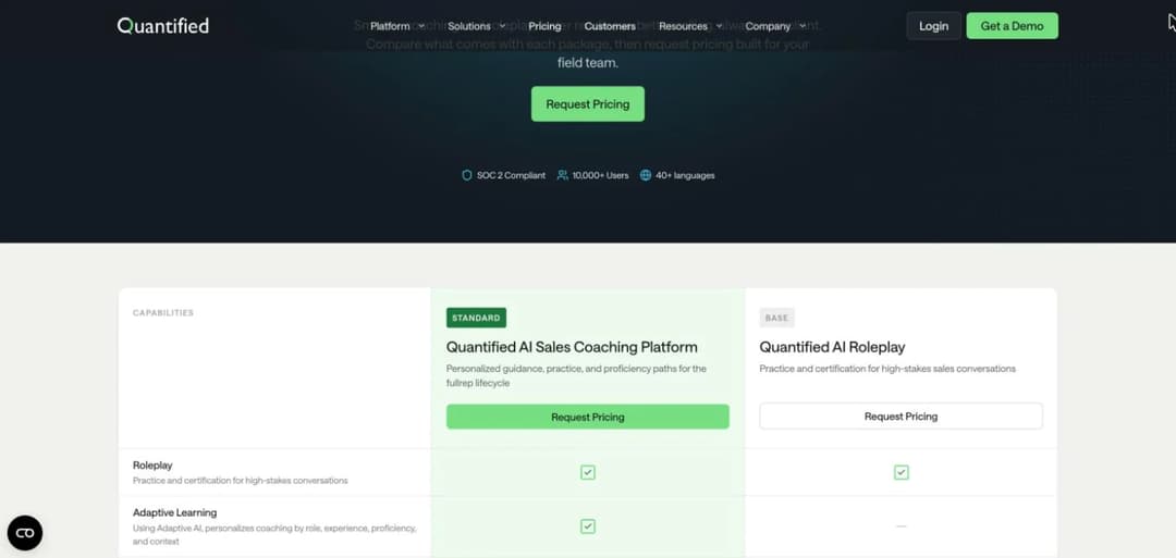 Quantified pricing page comparing its Base AI Roleplay and Standard AI Sales Coaching packages capability by capability