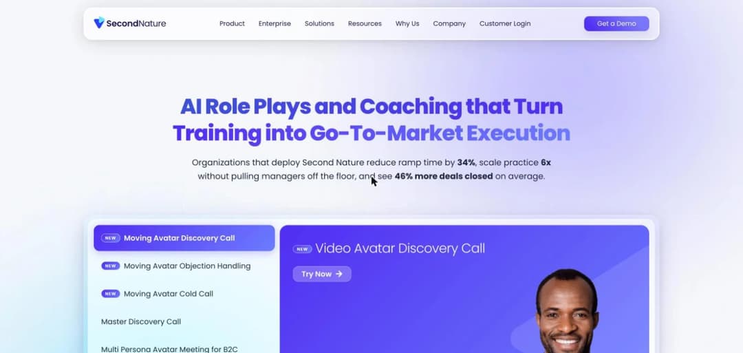 Second Nature homepage listing moving and video avatar roleplays with published ramp-time claims