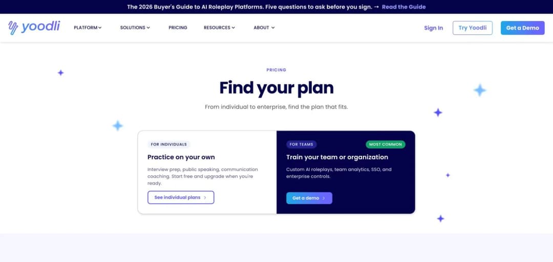 Yoodli pricing page separating individual practice plans from team and enterprise training plans