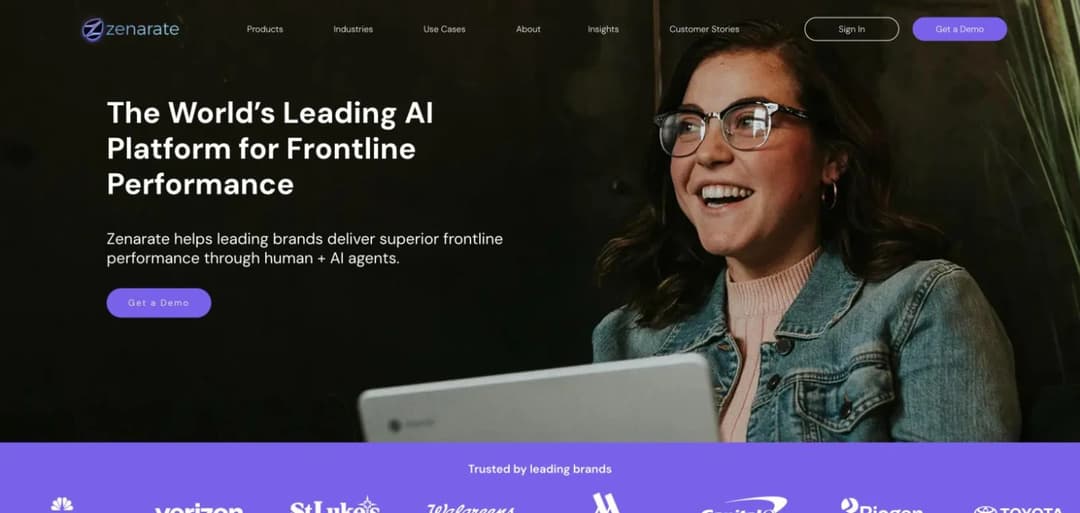 Zenarate homepage positioning its AI platform for frontline performance across contact centre and sales teams