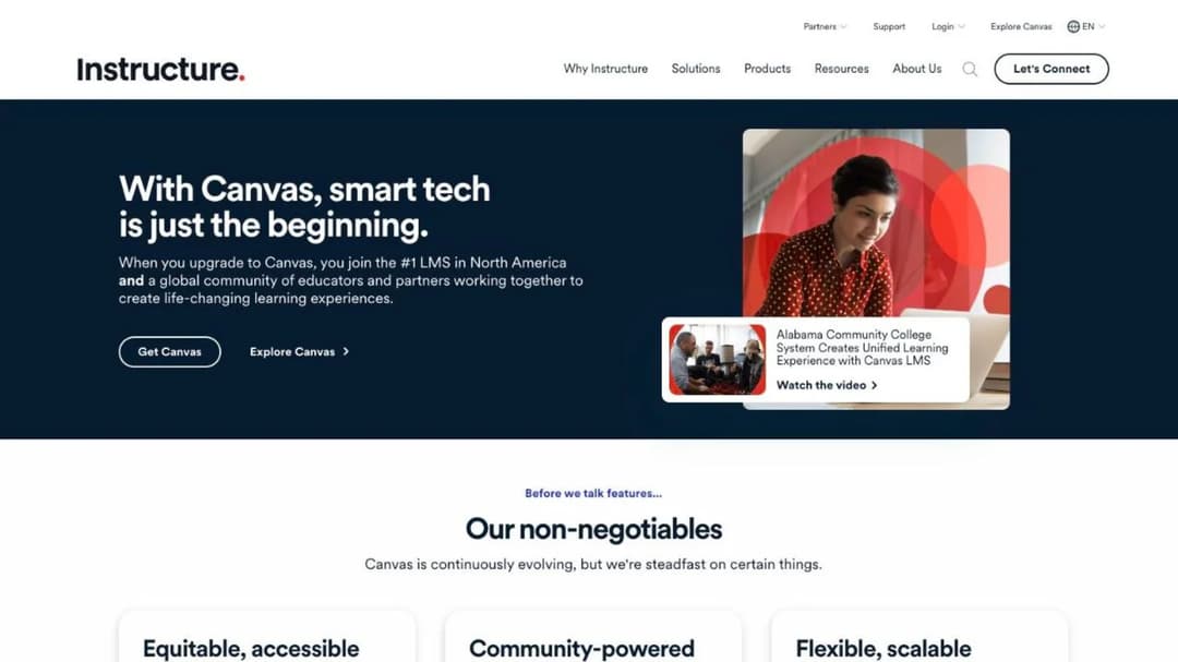 Canvas by Instructure product page with the LMS hero and its three non-negotiables