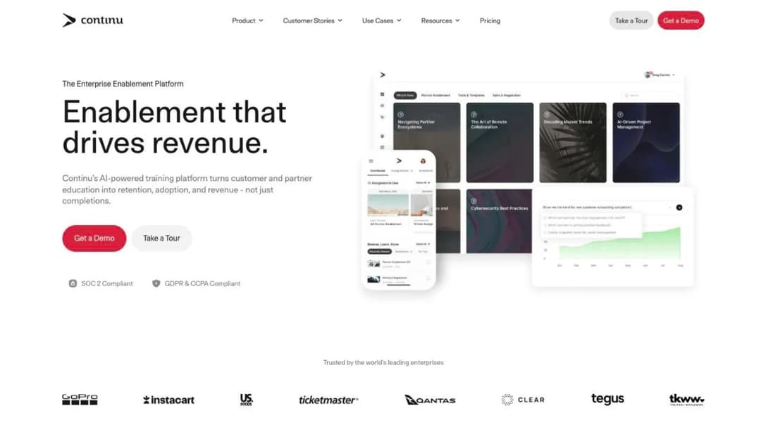 Continu homepage with the enterprise enablement platform hero and product screenshots