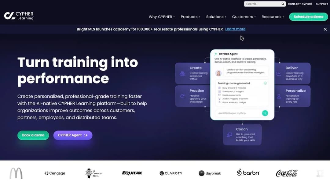 CYPHER Learning home page headlined Turn training into performance, showing an AI agent generating a training course